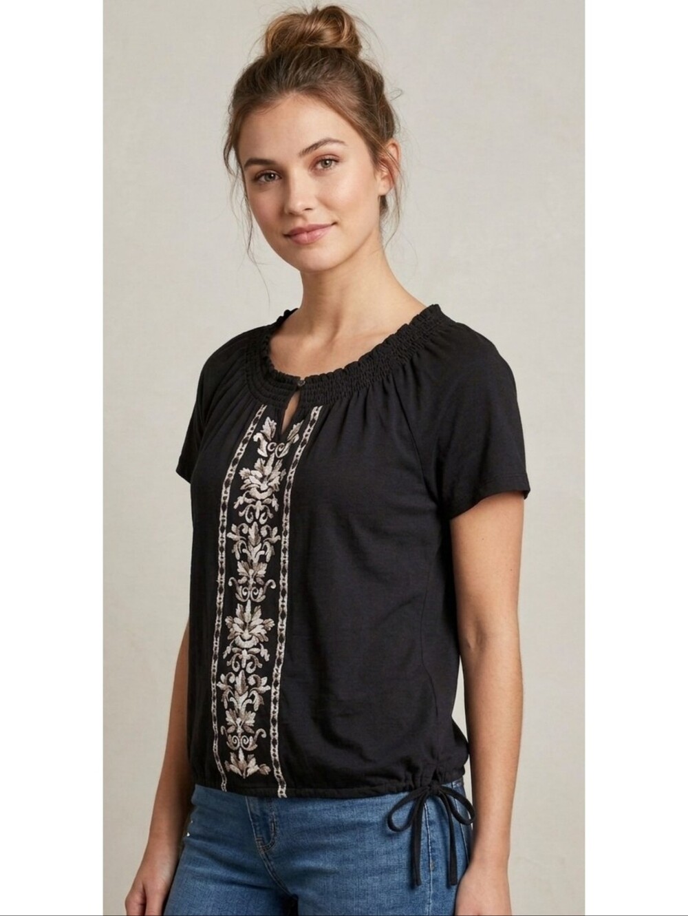 Croft & Barrow Embroidered Side Tie Blouse Black Size L